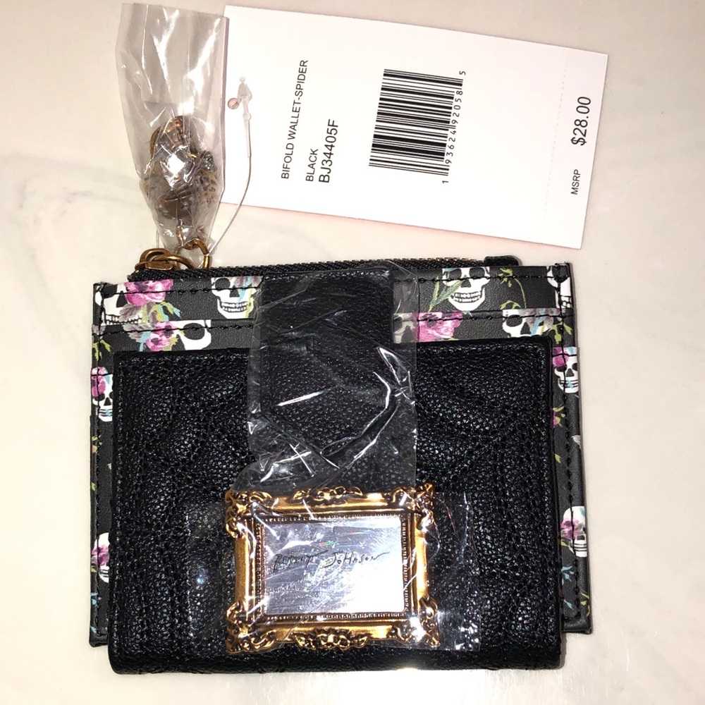 Betsey Johnson Black Faux Leather Spider & Skull Bifold Card Wallet NWT